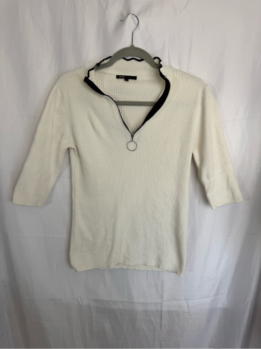Maje Cream Ribbed Half-Sleeve Mock Neck Top Size 2